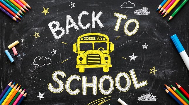 Back to school poster with chalk lettering, yellow school bus drawing and supplies