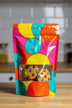 Bright snack pouch with colorful abstract circles design holds delicious sweet cookies. Crispy bakery treat sits inside clear plastic transparent window bag. Modern food packaging sits on wooden