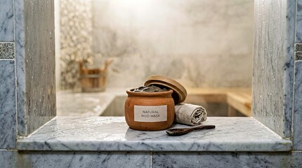 Naklejka premium Natural Mud Mask Jar With Wooden Spoon on Marble Surface