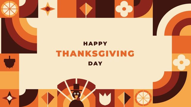 Happy Thanksgiving Day Greeting Background Banner with Geometric Mosaic Pattern Turkey Autumn Leaves and Acorn Illustration