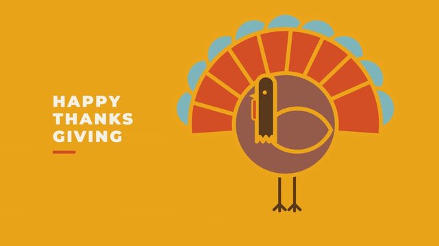 Happy Thanksgiving greeting card design with a stylized turkey and autumn colors on yellow background