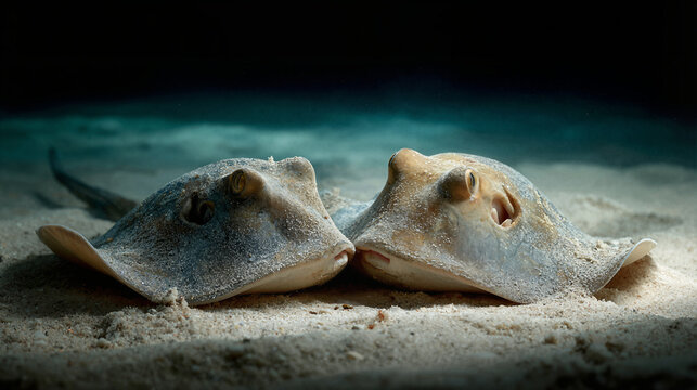 Two stingrays resting on sandy seabed, close-up underwater view