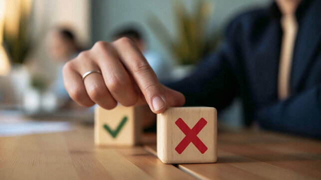 Decision Time: A close-up shot captures a hand reaching out to touch a wooden block with a red 'X' mark, symbolizing a wrong choice, placed next to a block with a green checkmark.