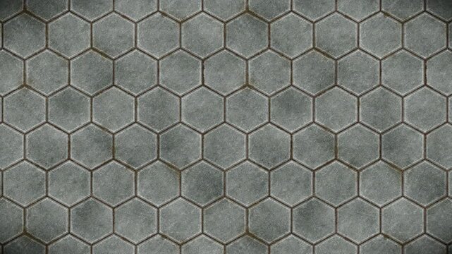 Textured grey hexagonal paving stones form an infinite loop pattern background.