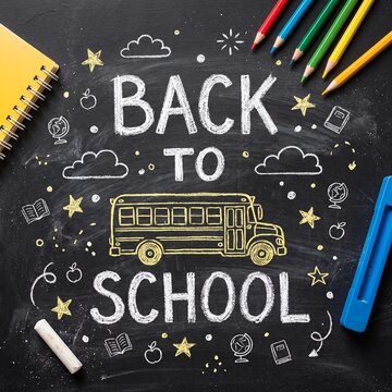 Back to school chalk lettering on blackboard with yellow bus and school supplies