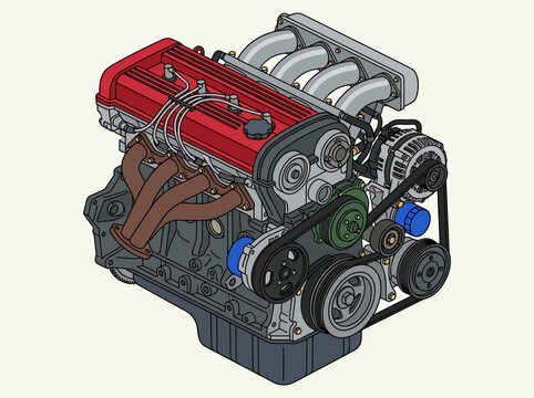 Detailed 4-Cylinder Car Engine Vector Illustration with Red Valve Cover