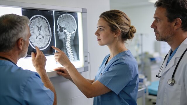 Professional medical team interpreting diagnostic X-rays during multidisciplinary consultation in modern hospital.