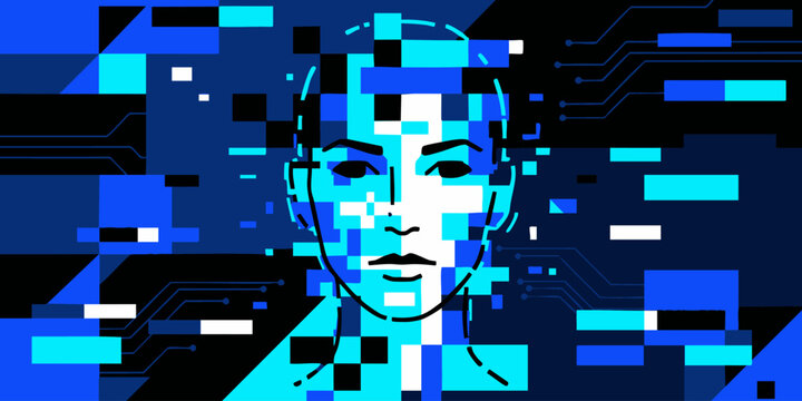 Abstract digital representation of a human face constructed from pixelated squares and circuit board patterns, symbolizing artificial intelligence and technology
