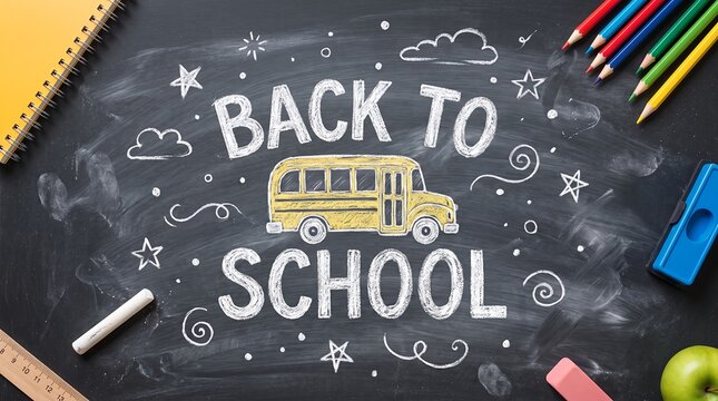 Back to school chalk lettering on blackboard with yellow bus and school supplies