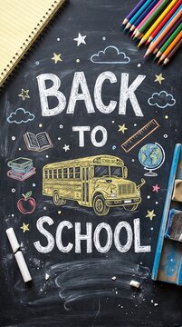 Back to school chalk lettering on blackboard with yellow bus and school supplies