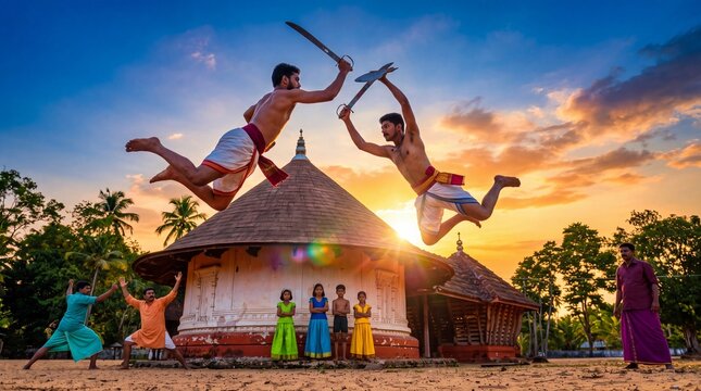 Detailed action photography highlighting the intense training and leaping movements of Indian martial artists during golden hour.
