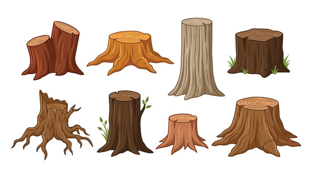 Tree stump vector elements collection featuring realistic wooden logs and roots isolated on white background