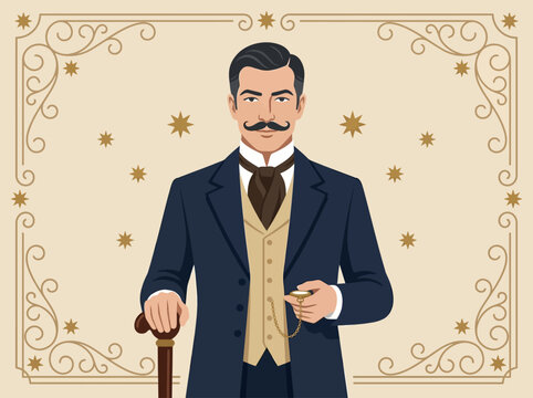Vintage Victorian Gentleman with Pocket Watch and Cane