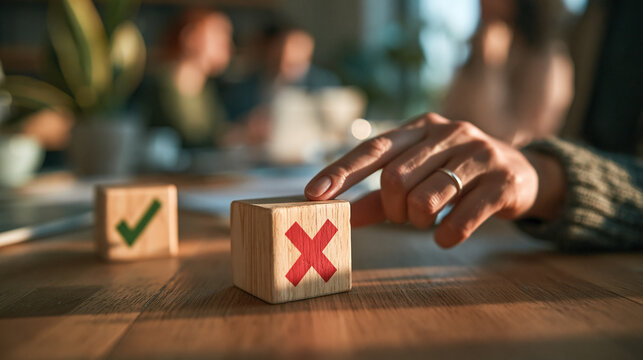 Decision time: A hand reaches to choose between a checkmark and a cross symbol on wooden blocks, symbolizing the crucial moment of decision-making and judgment.