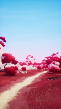 Stylized Red Forest Fantasy Landscape with White Rocky Mountains and Blue Sky