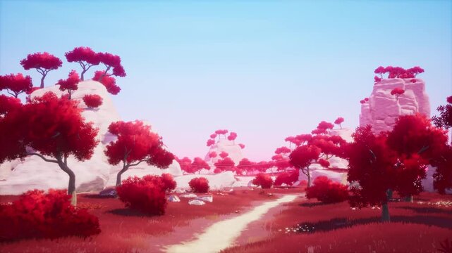 Stylized Red Forest Fantasy Landscape with White Rocky Mountains and Blue Sky