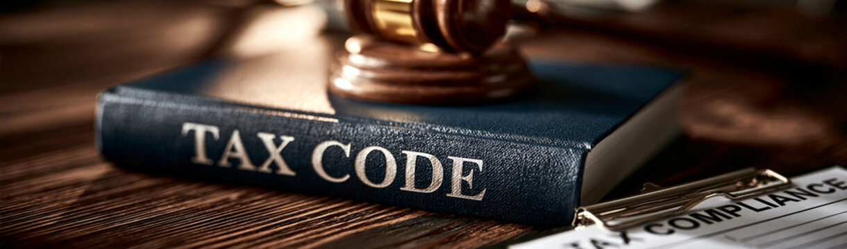 Justice Served: A gavel rests upon a thick book labeled TAX CODE, symbolizing the legal framework and authority governing financial regulations.
