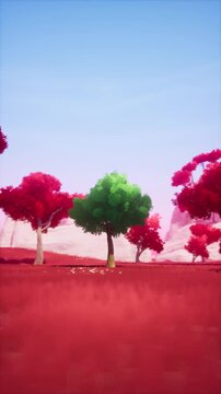 Camera Orbiting Around Green Tree in Red Foliage Forest Fantasy Landscape