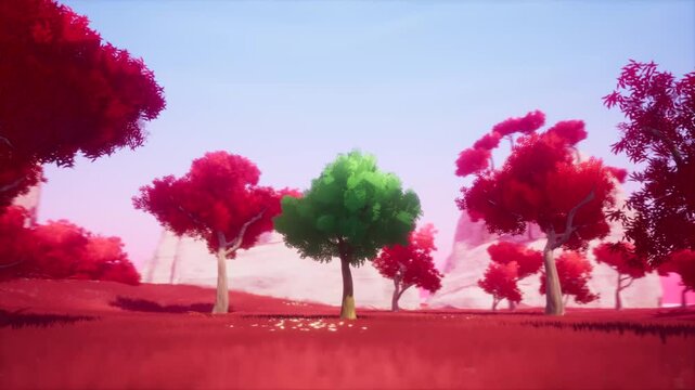 360 Rotating View of Lone Green Tree in Red Leaf Woods Anime Style