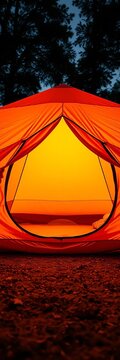 Bright orange camping tent with yellow interior, sleeping quarters, waterproof design