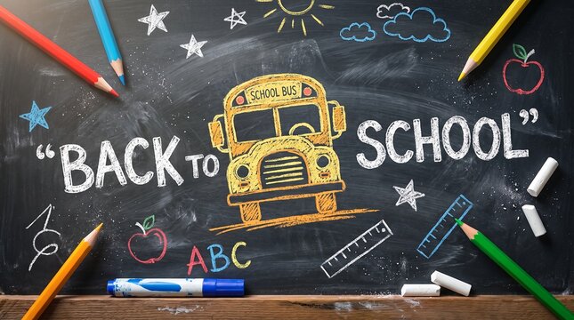 Back to school chalk lettering on blackboard with yellow bus and school supplies