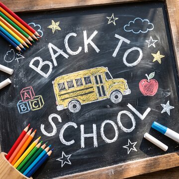 Back to school chalk lettering on blackboard with yellow bus and school supplies