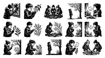 Fototapeta premium Winter Children Exploring Nature Magnifying Glass and Frost Breath Black and White Line Art