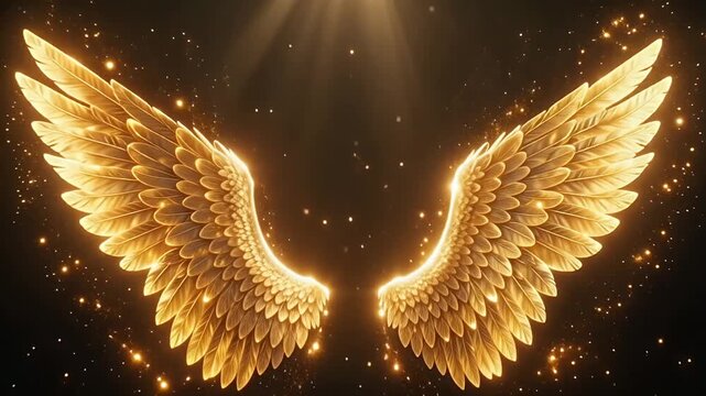 Golden angel wings illuminated by soft light, surrounded by sparkling particles, creating a mystical atmosphere in a dark background setting