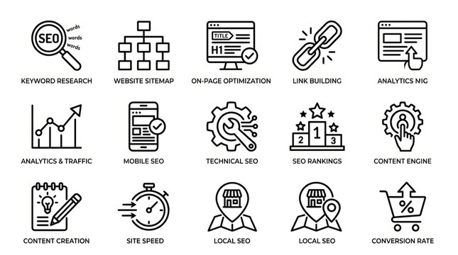 Digital marketing icons representing SEO, analytics, content creation, and website optimization for online business growth.
