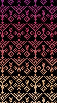 Seamless Looping Ethnic Tribal Pattern Animation with Gradient Colors, Geometric Shapes on Black Background, Modern Motion Graphics, 4K
