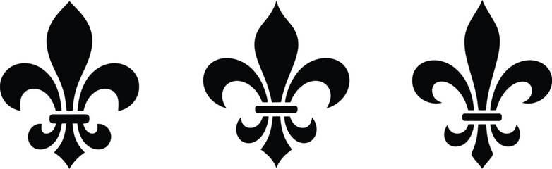 Fleur de lis icons featuring black heraldic lily symbols for royal emblems, decorative ornaments, medieval crests, branding, and elegant vector design. © Komola