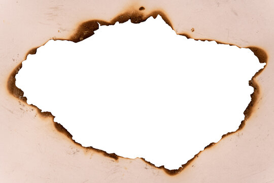 Elongated Diagonal Burnt Paper Hole with Light Brown Burn Edge Parchment Frame