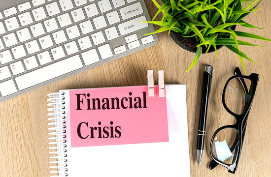 Financial crisis concept with notebook, keyboard, eyeglasses, pen and green plant on wooden desk