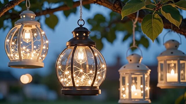 Decorative lanterns with warm glowing lights hang from a tree branch in a serene outdoor setting during twilight, creating a cozy ambiance for evening gatherings