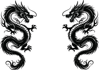 Fototapeta premium black Chinese dragon silhouettes facing each other, isolated vector illustration on white background
