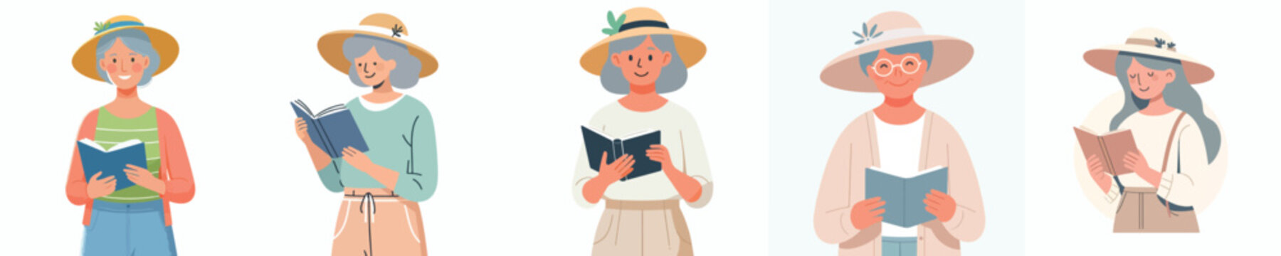 Flat vector illustration half body of a grandma reading a book in summer vibes