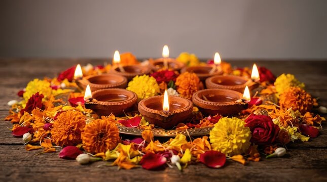 Beautiful glowing traditional clay oil lamps decorated with vibrant marigold flowers for the hindu festival of diwali