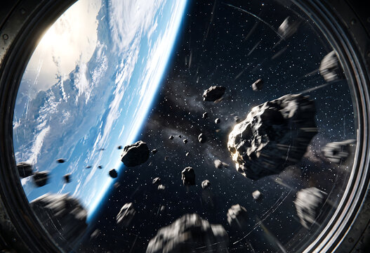 Space view from window showing planet earth and dangerous asteroid belt field debris floating near spaceship frame orbiting atmosphere during cinematic sci fi journey across galaxy stars.