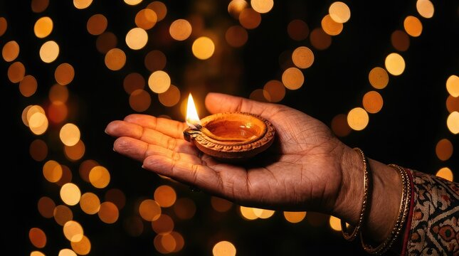 A person holding a glowing traditional clay oil lamp in their palm during the diwali festival celebration