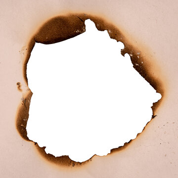 Circular Burnt Paper Hole with Dark Brown Charred Rim Vintage Parchment Frame