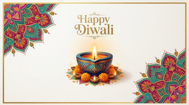 Elegant happy diwali greeting card design with a glowing oil lamp and beautiful traditional floral decorations