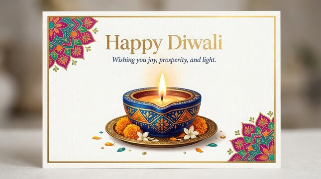 Happy diwali greeting card featuring a glowing traditional oil lamp with colorful floral rangoli decorations