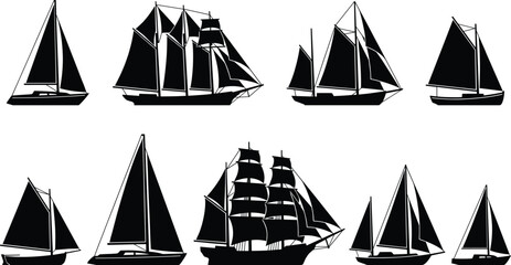 Collection of black sailing ship and boat silhouettes isolated vector illustration on white background © VectoPro