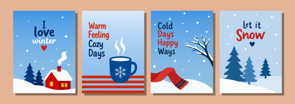 Creative Winter Poster Template Set with Flat Seasonal Illustrations and Cozy Holiday Elements