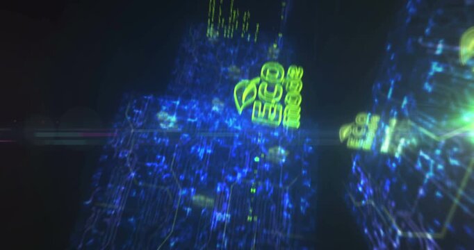 Eco mode and ecology friendly symbol abstract cyber concept. Digital technology background seamless and loopable dynamic 3d animation.