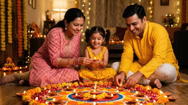 Happy indian family lighting oil lamps during diwali festival celebration in their decorated home living room