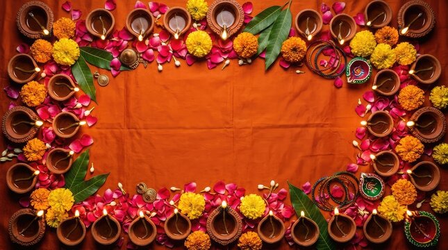 A festive diwali background featuring a decorative border of glowing oil lamps and colorful marigold flower petals