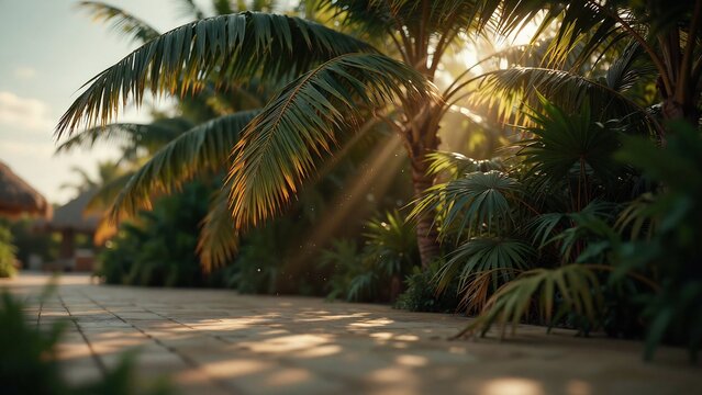 Tropical palm trees at sunset with warm golden light rays filtering through the leaves onto a stone paved pathway in a resort garden setting