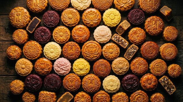 Top view of a large collection of assorted gourmet chocolate truffles arranged on a rustic wooden background