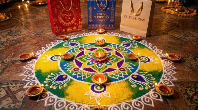 Colorful rangoli design decorated with traditional oil lamps for the hindu festival of diwali celebration at home